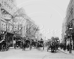 The Strand bustling with horse drawn carriages including Hansom Cabs, London c1890s