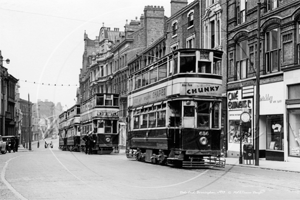 Trams, Dale End, Birmingham in Warwickshire July 1953